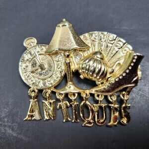 Vintage AJC Antiques Brooch Pin Gold Tone Spell Out Letter Charms 2.25 in. Long